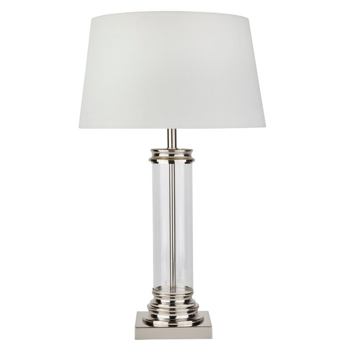 Pedestal Table Lamp - Satin Silver, Glass & Cream Fabric