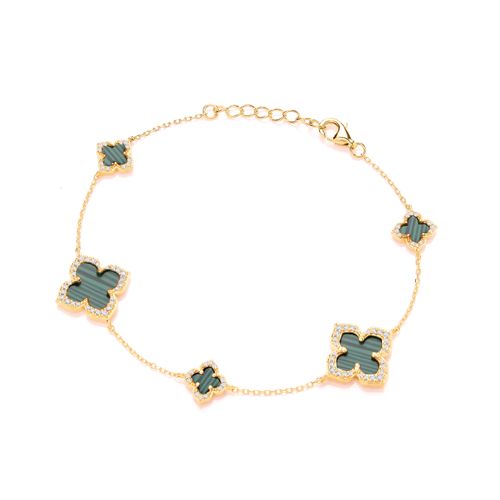 Silver, gold & malachite mix clover bracelet