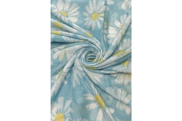 Daisy Flower Print Frayed Scarf - Blue