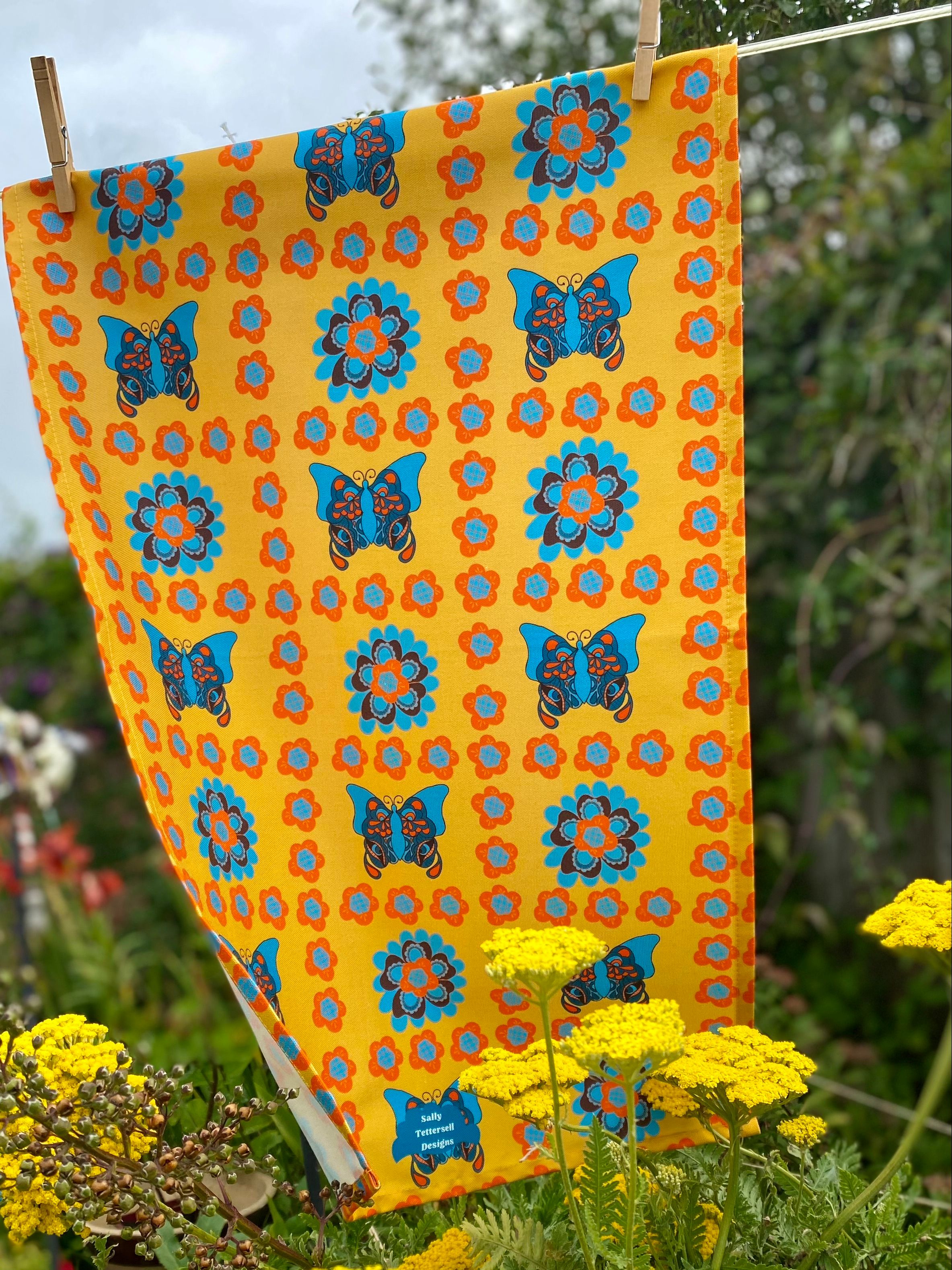 Summer of love Butterfly flower patch work Tea Towel