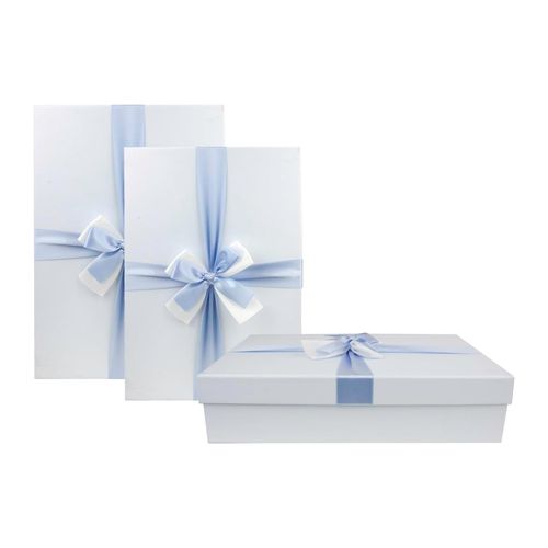 Set of 3 Rigid Gift Box, Baby Blue Box with Lid, Brown Interior and Satin Decorative Ribbon