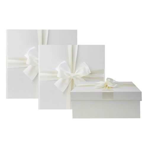 Set of 3 Rigid Square Gift Box, Ivory Box with Lid, Brown Interior and Satin Decorative Ribbon
