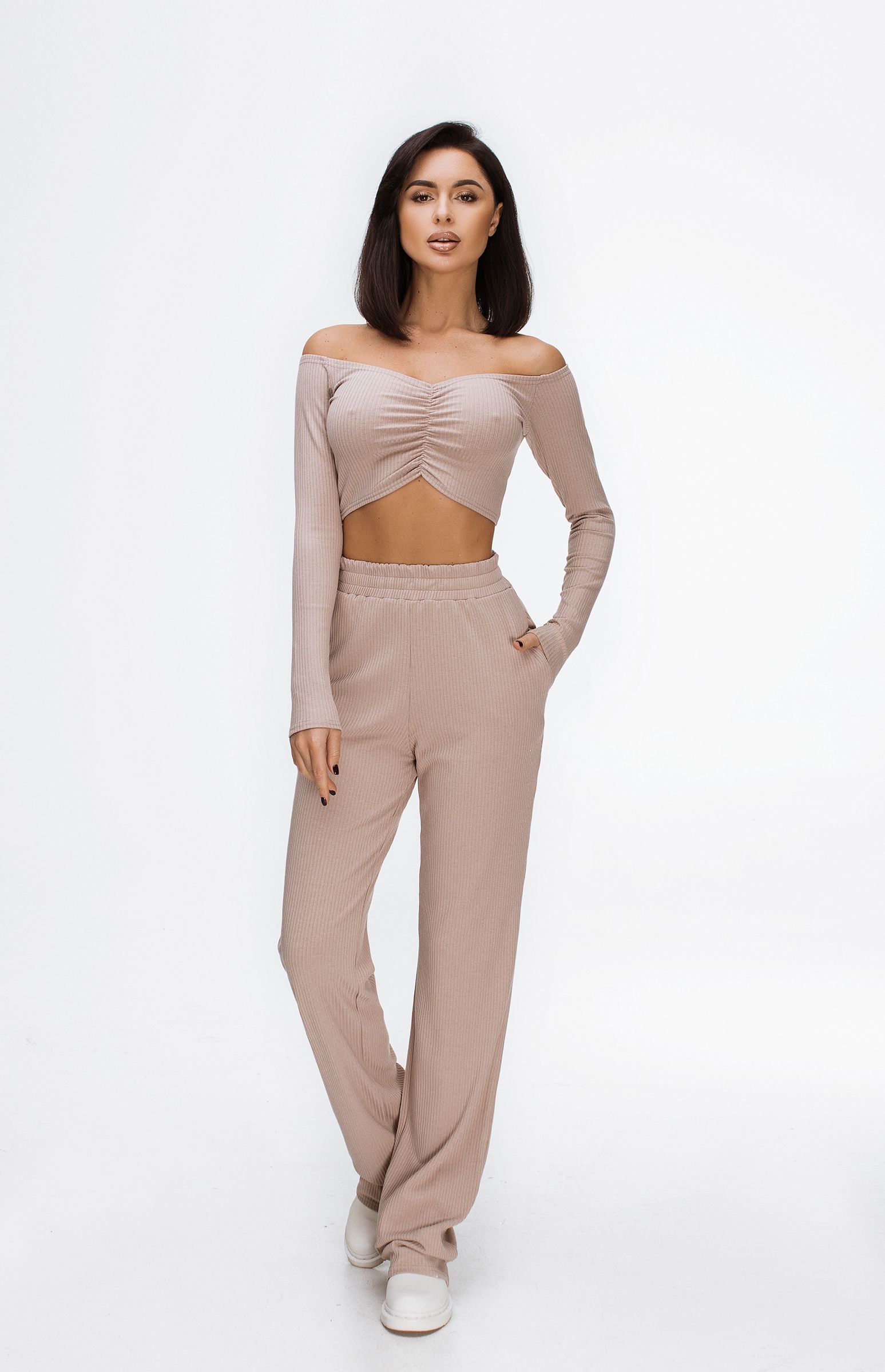 Draped Allure Off Shoulder Crop Top Set With Long Sleeve