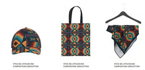 fashionable printed cap, scarf and shopping bag
