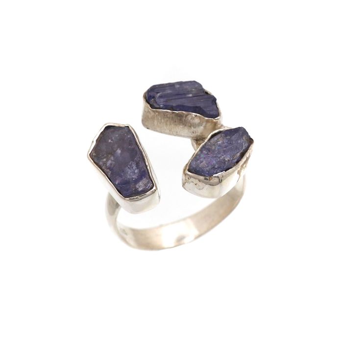 Triple Rough Tanzanite gemstone ring in 925 Sterling Silver