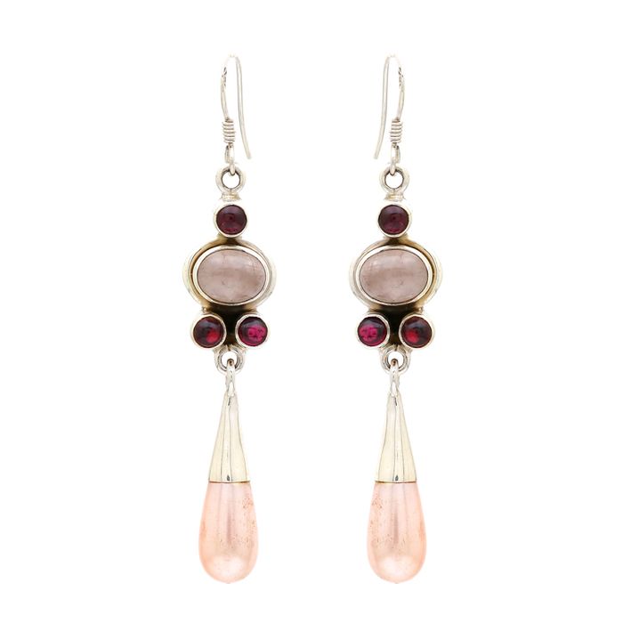 Natural Rose Quartz, Garnet and Pearl Earring in Sterling Silver