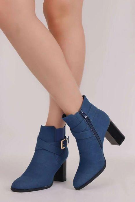 Suede Ankle Buckle Pull On Heel Boots