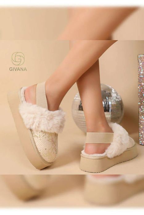 Animal Pattern Sparkle Front Thick Sole Fur Elastic Slippers