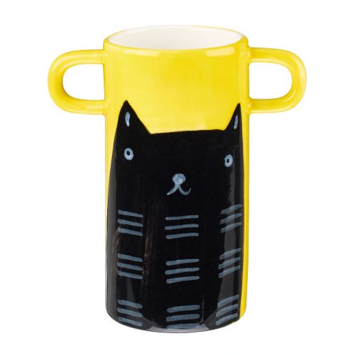 Handpainted yellow vase with black cat