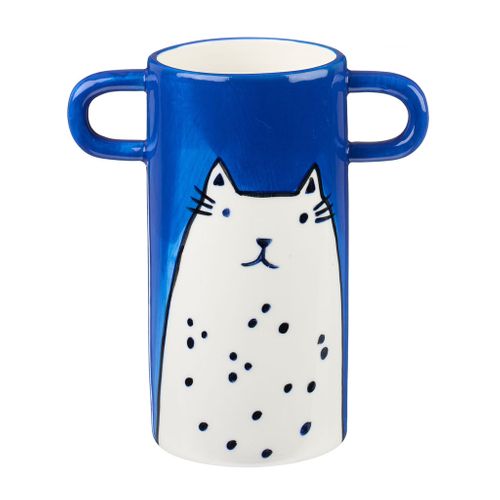 Handpainted blue vase with white cat
