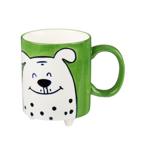 Handpainted green mug on feet with white dog