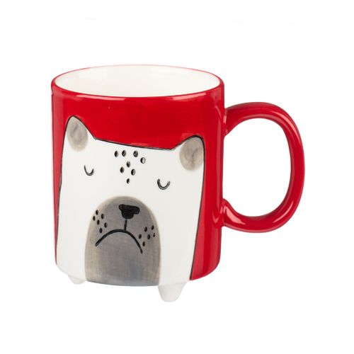 Handpainted red mug with feet and white dog