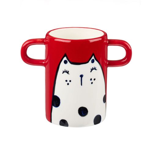 Handpainted red vase with white cat