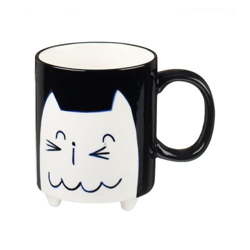 Handpainted black mug with feet and white cat