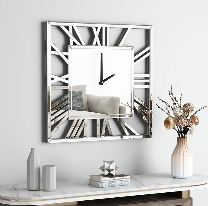 Square Plain Mirrored Roman Numeral Wall Clock