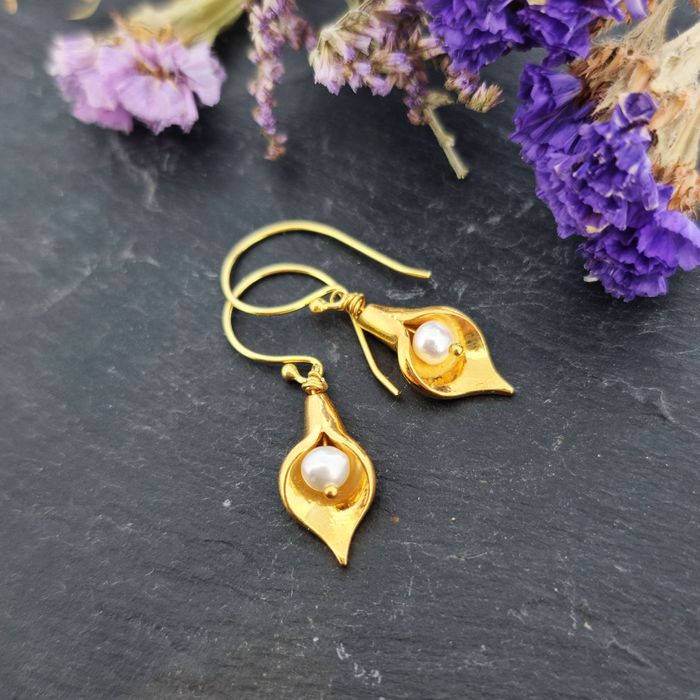 Yellow Gold Vermeil Arum Lily Drop Earrings with Pearls