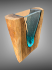 Chunky glass and teak wood vases.