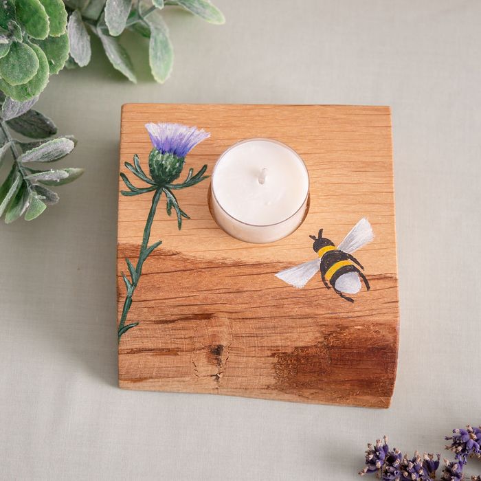 English Oak Hand Painted Tea Light Holder