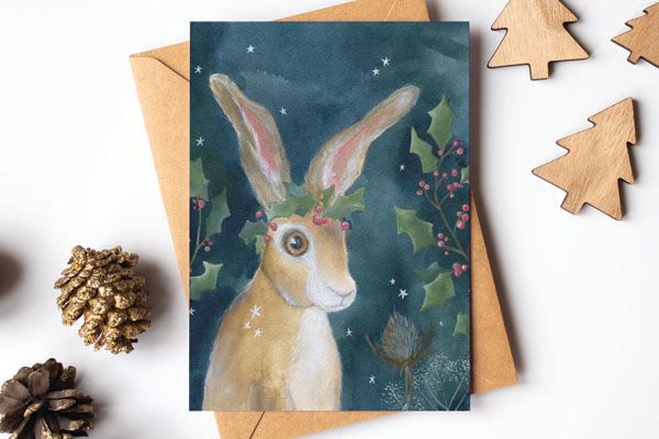 Holly Crown Hare - Festive Greeting Card