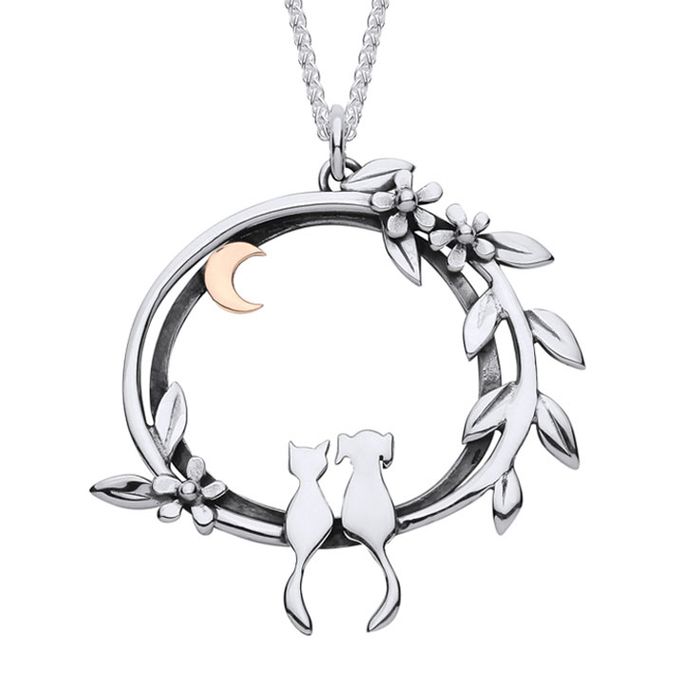Cat and Dog Moonlight Friends Silver Necklace