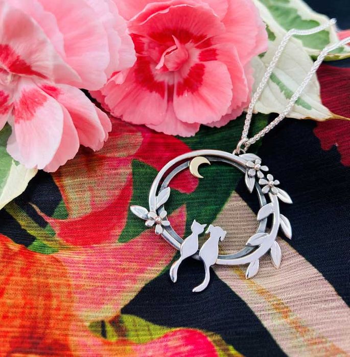 Cat and Dog Moonlight Friends Silver Necklace