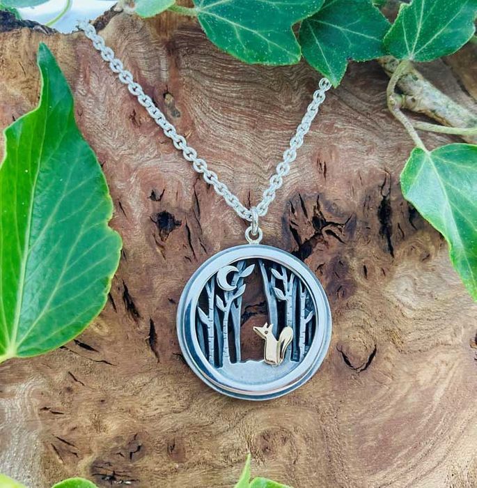 Fox and Moon Silver Woodland Necklace