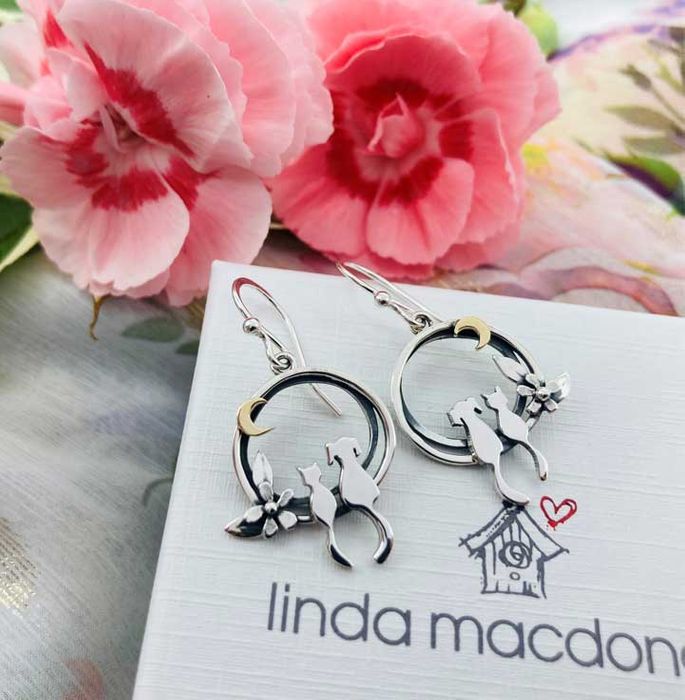 Cat and Dog Moonlight Friends Silver Earrings