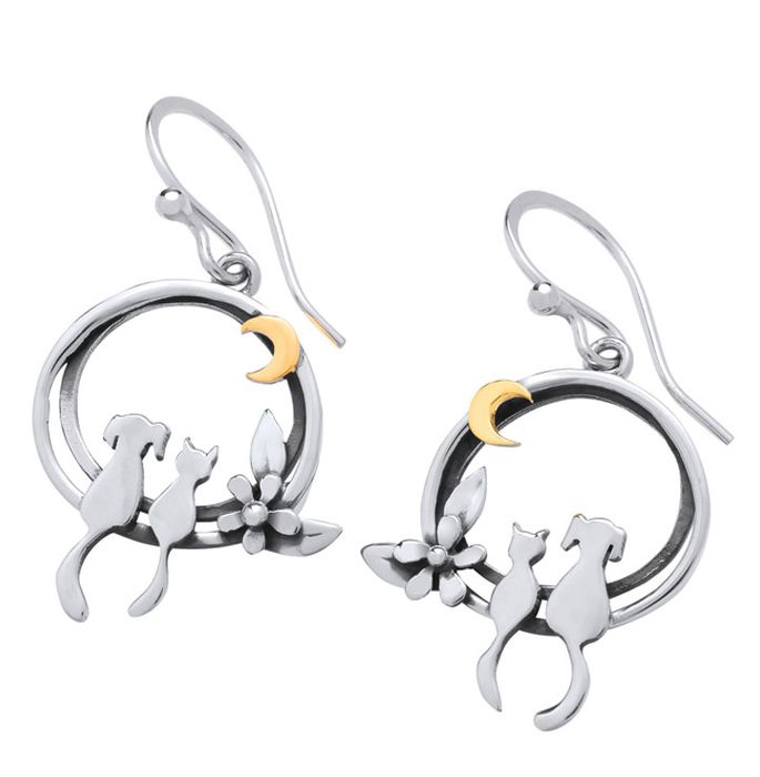 Cat and Dog Moonlight Friends Silver Earrings
