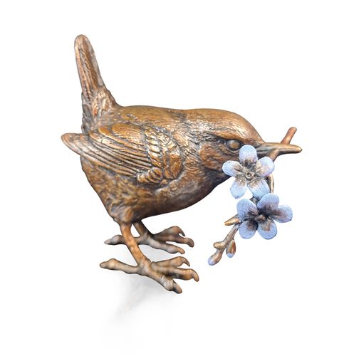 Wren with Forget-me-Nots - Fine Bronze Sculpture