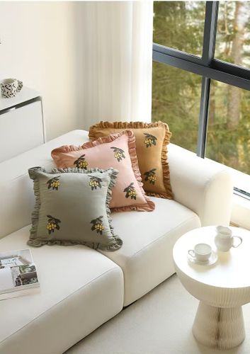 Washed Cotton Embroidered Cushion Cover with Ruffled Edges