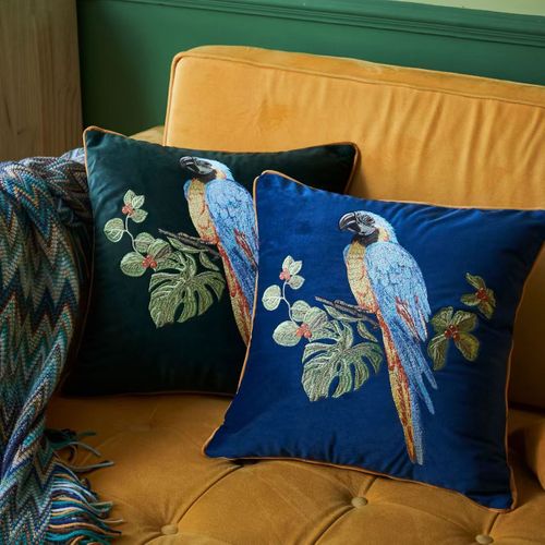 Velvet cushions with parrot embroidery