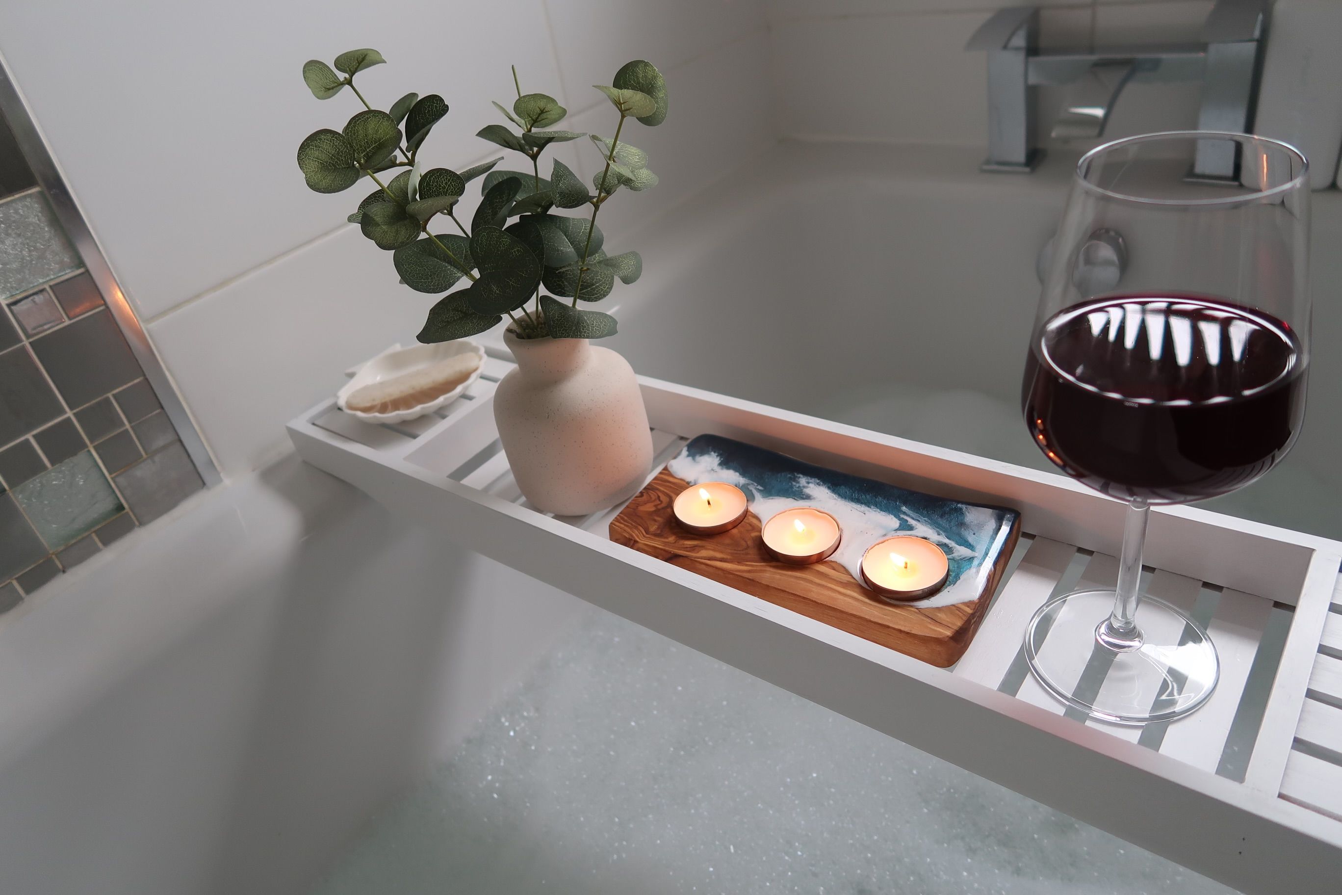 3 hole olive wood and resin tea light holder