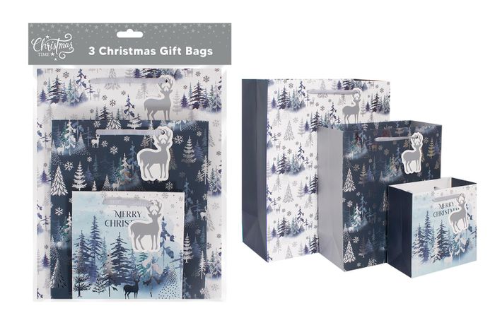 3 Gift Bags - Blue Woodland