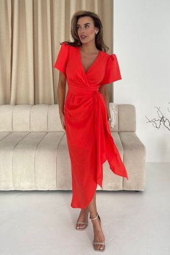 Drew Puff Sleeve Wrap Front Midi Dress Orange