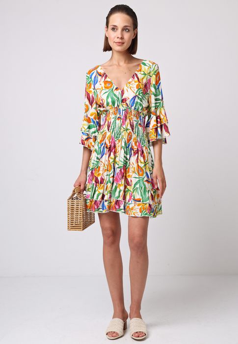 V-Neck Mini Dress with Ruffle Details in Exclusive Papaya Print