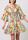 V-Neck Mini Dress with Ruffle Details in Exclusive Papaya Print
