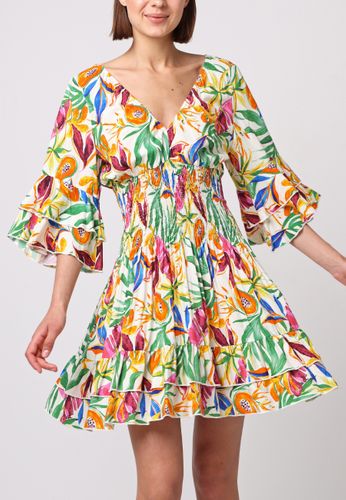 V-Neck Mini Dress with Ruffle Details in Exclusive Papaya Print