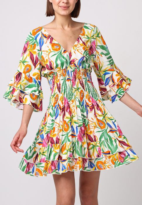 V-Neck Mini Dress with Ruffle Details in Exclusive Papaya Print