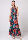 Halter Neck Midnight Tropical Print Linen Midi Dress