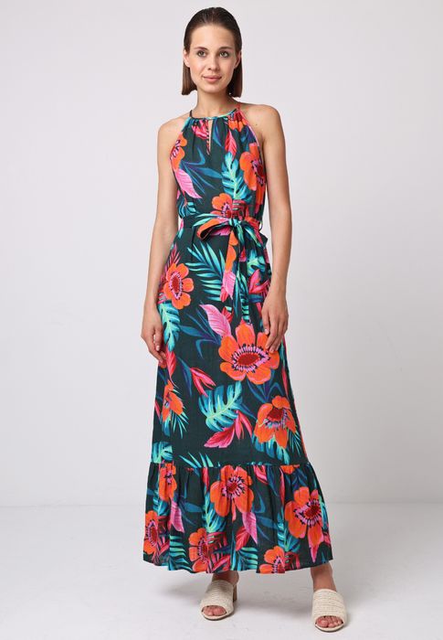 Halter Neck Midnight Tropical Print Linen Midi Dress