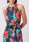 Halter Neck Midnight Tropical Print Linen Midi Dress