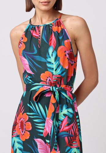 Halter Neck Midnight Tropical Print Linen Midi Dress