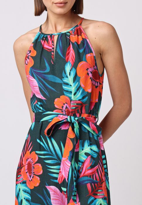 Halter Neck Midnight Tropical Print Linen Midi Dress