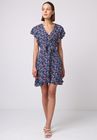 Transitional Flutter Sleeve Mini Dress in Navy Floral