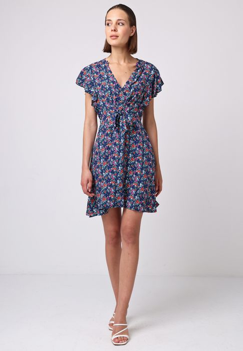 Transitional Flutter Sleeve Mini Dress in Navy Floral