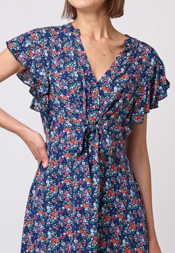 Transitional Flutter Sleeve Mini Dress in Navy Floral