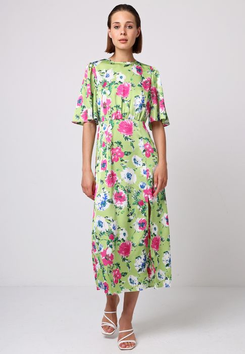 Best Selling Angel Sleeve Midi Dress in Green Floral