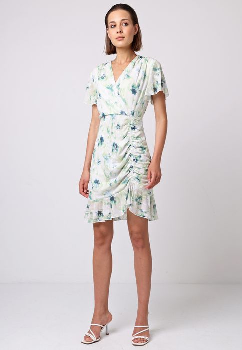 Ruched Mini Dress in White Green Burnout Floral