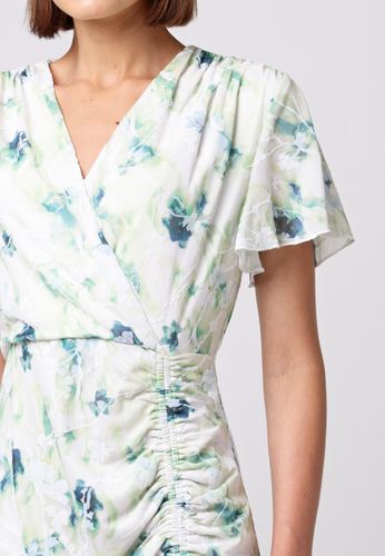 Ruched Mini Dress in White Green Burnout Floral