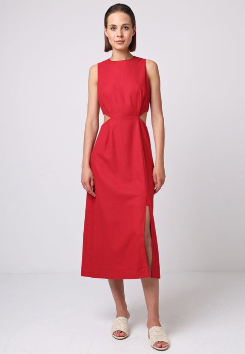 Linen Midi Dress with Side Cut Outs